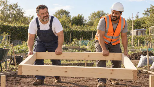 A stocky grey-bearded man in dark blue overalls and a broad young man in a white hard hat and orange vest lift a finished pale pine garden bed frame between them onto a levelled square of ground, both smiling, in warm afternoon light.