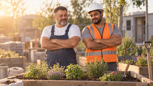 A stocky grey-bearded man in dark blue overalls and a broad young man in a white hard hat and orange vest stand side by side behind a finished planted pale pine raised bed with folded arms and relaxed smiles, strong low sun laying a golden veil across the scene.