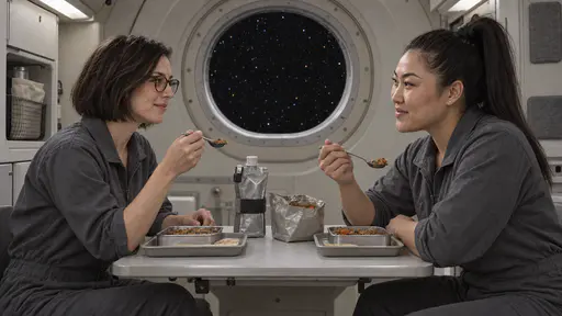 A slim woman with a sleek dark bob and round tortoiseshell glasses and a powerfully built woman with a thick black high ponytail, both in plain slate-grey crew jumpsuits, share a simple meal from two trays at a narrow fold-down table in a small curved galley module with a round window showing a dark starfield.