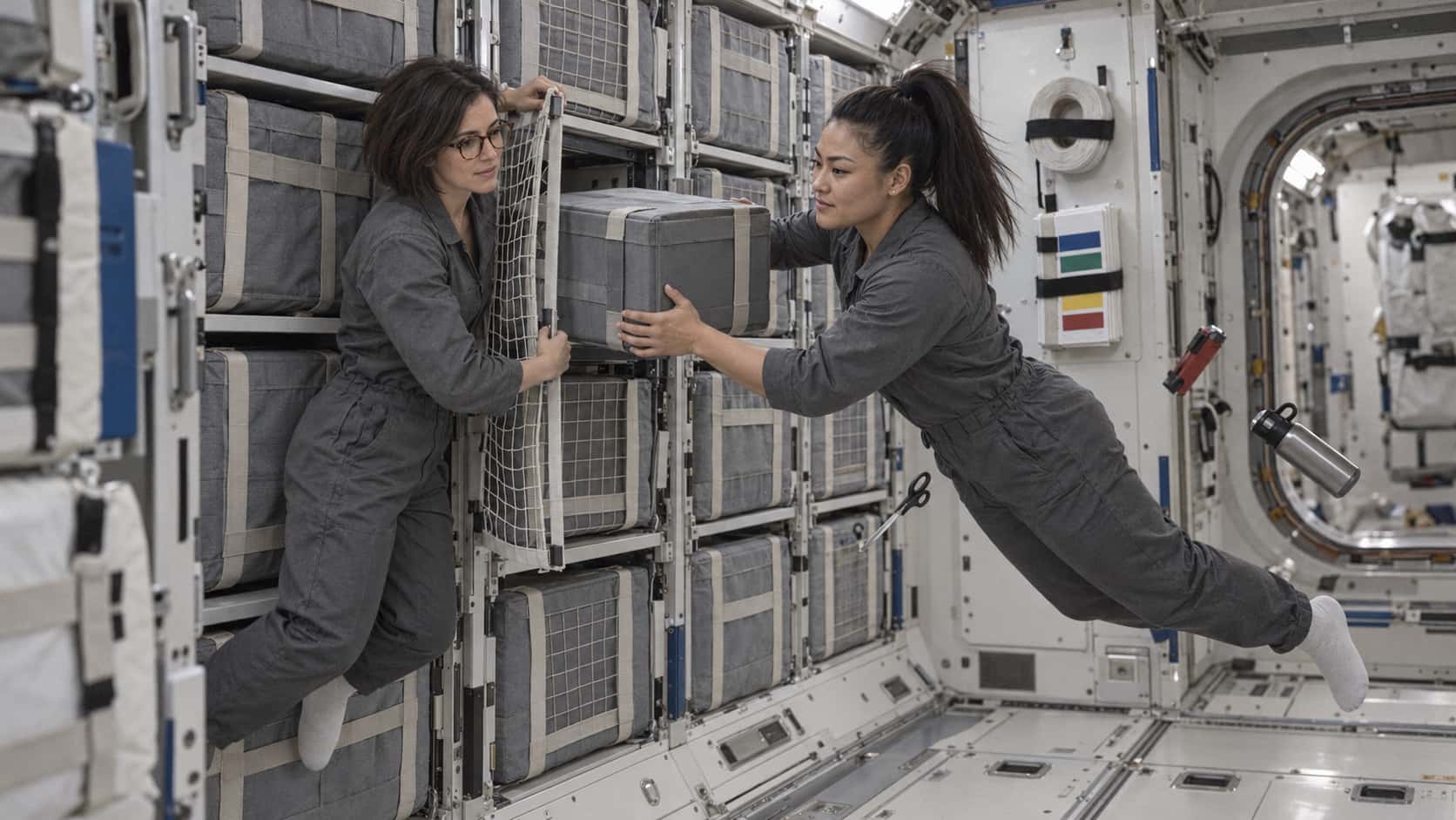 A slim woman with a sleek dark bob holds open a net-fronted storage locker while a powerfully built woman with a thick black high ponytail slides a plain grey crate into it in a habitat storage bay with rows of strapped plain grey crates along the curved wall, both floating a little off the floor under cool white light.