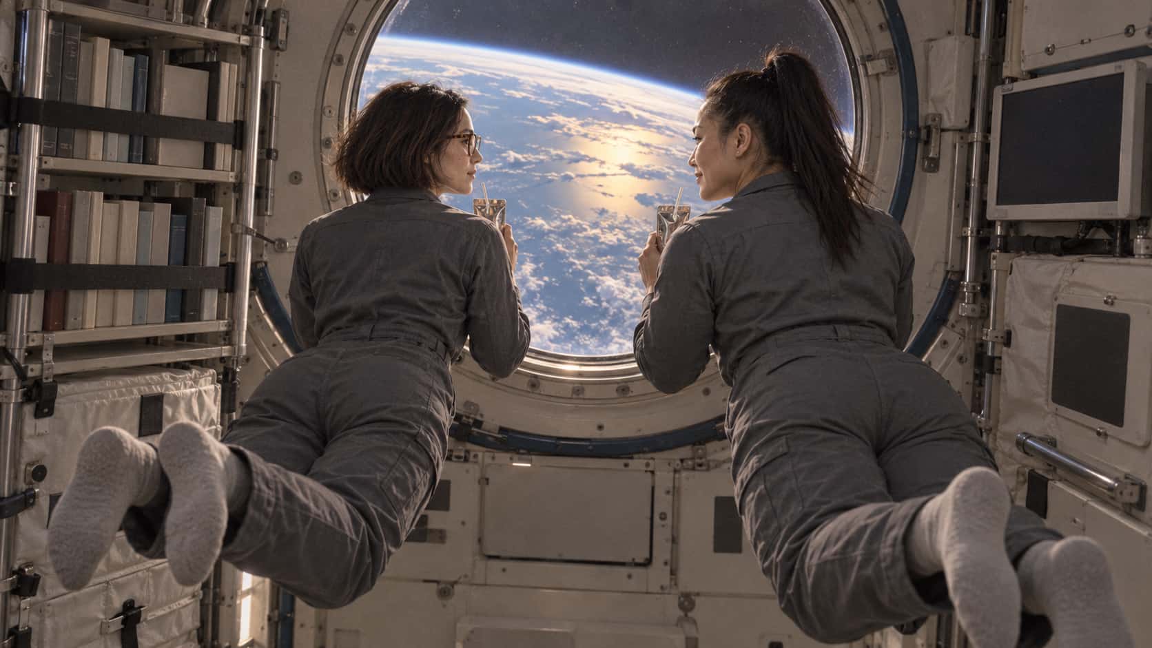 A slim woman with a sleek dark bob and a powerfully built woman with a thick black high ponytail, both in plain slate-grey crew jumpsuits, float side by side holding warm drink pouches with straws looking out of a large round habitat window at a bright blue planet below in soft evening-coloured light.
