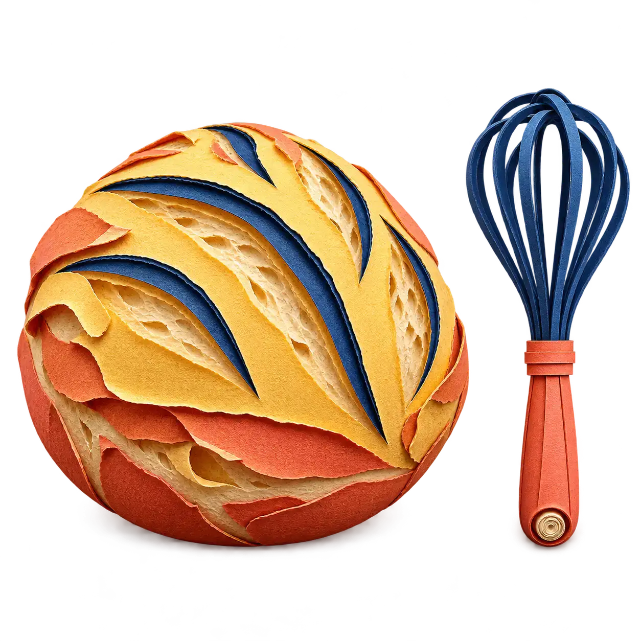 Two matching cut paper objects, a round butter yellow loaf with deep blue score marks and a deep blue whisk with a coral handle, stand apart on a transparent background.