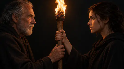 Passing the torch: an older adult and a younger adult in profile facing each other across a single wooden torch they both grip, its one flame lighting both faces equally against darkness.