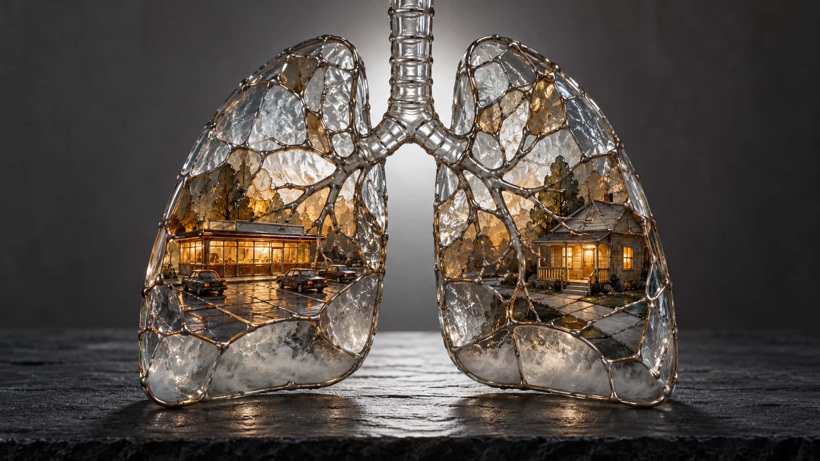Two transparent soldered glass lungs joined by an airway hold a miniature diner with a parking lot in one and a front porch with a sidewalk in the other behind pale haze.