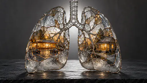 Two transparent soldered glass lungs joined by an airway hold a miniature diner with a parking lot in one and a front porch with a sidewalk in the other behind pale haze.