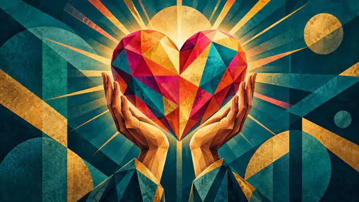 Two hands hold a colorful abstract heart with rays radiating outward.