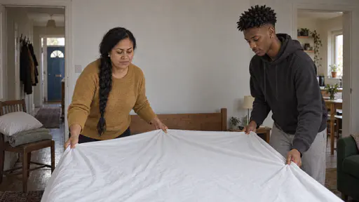 A woman with a long braid in a mustard jumper and a young man in a charcoal hoodie stand on opposite sides of a narrow spare-room bed pulling a fresh white sheet taut with a folded towel and pillow waiting on a chair in soft light.