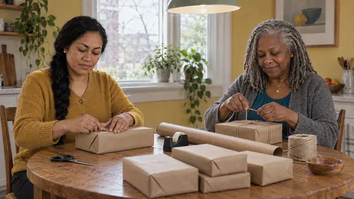A woman in a mustard cardigan wraps a box in brown paper while an older woman in a teal blouse winds string round a finished parcel at a round oak kitchen table covered with paper rolls, scissors, tape and blank parcels.