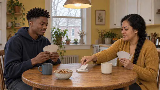 A tall young man in a navy hoodie fans plain-backed cards and grins while a woman in a mustard cardigan lays a card face down on a central pile at a round oak kitchen table with a bowl of nuts and two mugs in warm lamp light.