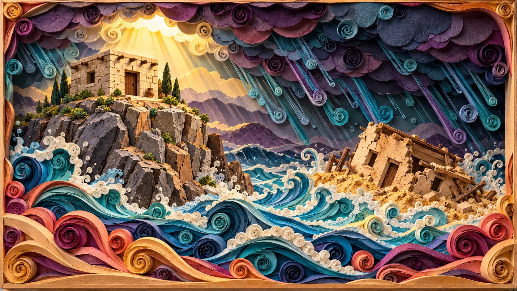 Two houses stand in a storm in a quilled paper relief, a small stone house on a high rock standing firm in streaming rain while a house on sand slumps into quilled flood waves beneath layered clouds.