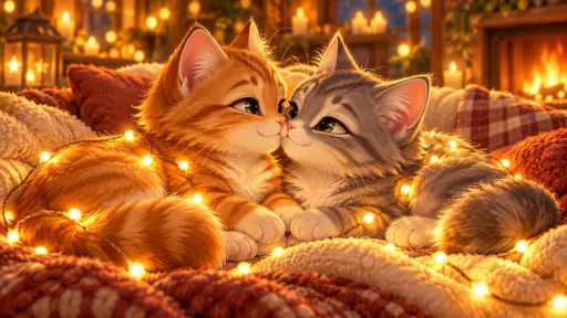 Two cute kittens, one ginger and one grey, touch noses with their eyes half closed on a cozy cushion wrapped in a string of warm glowing fairy lights.