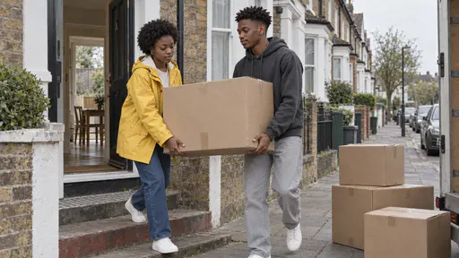 A young man with a coily twist-out in a charcoal hoodie and a young woman with a short rounded afro in a yellow raincoat lift a large taped cardboard box between them down a front step toward more boxes stacked at the kerb in flat daylight.