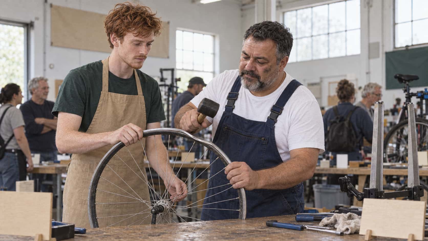 A slim freckled young man with copper-red hair in a tan apron holds a bicycle wheel with a bent rim upright in both hands while a stocky man with a short grey beard in dark blue overalls taps the bent section with a small rubber mallet at a long workbench with a truing stand and a few tools.