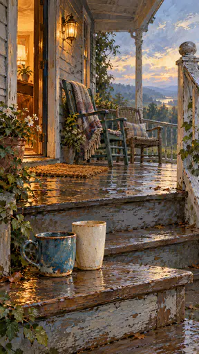 Two mismatched cups sit on a wet wooden porch step beside two empty chairs and a blanket after rain with warm amber lamplight from the doorway in soft gouache.