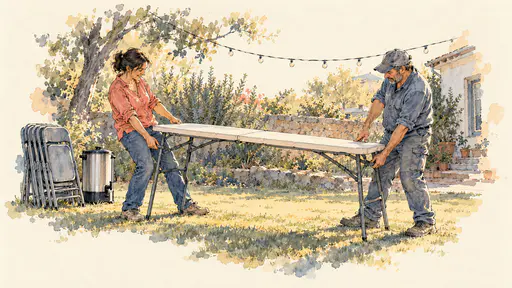 Two adult neighbors lean back to unfold and lock the legs of a long folding table in a yard beside stacked chairs and a coffee urn in navy ink with warm coral washes.