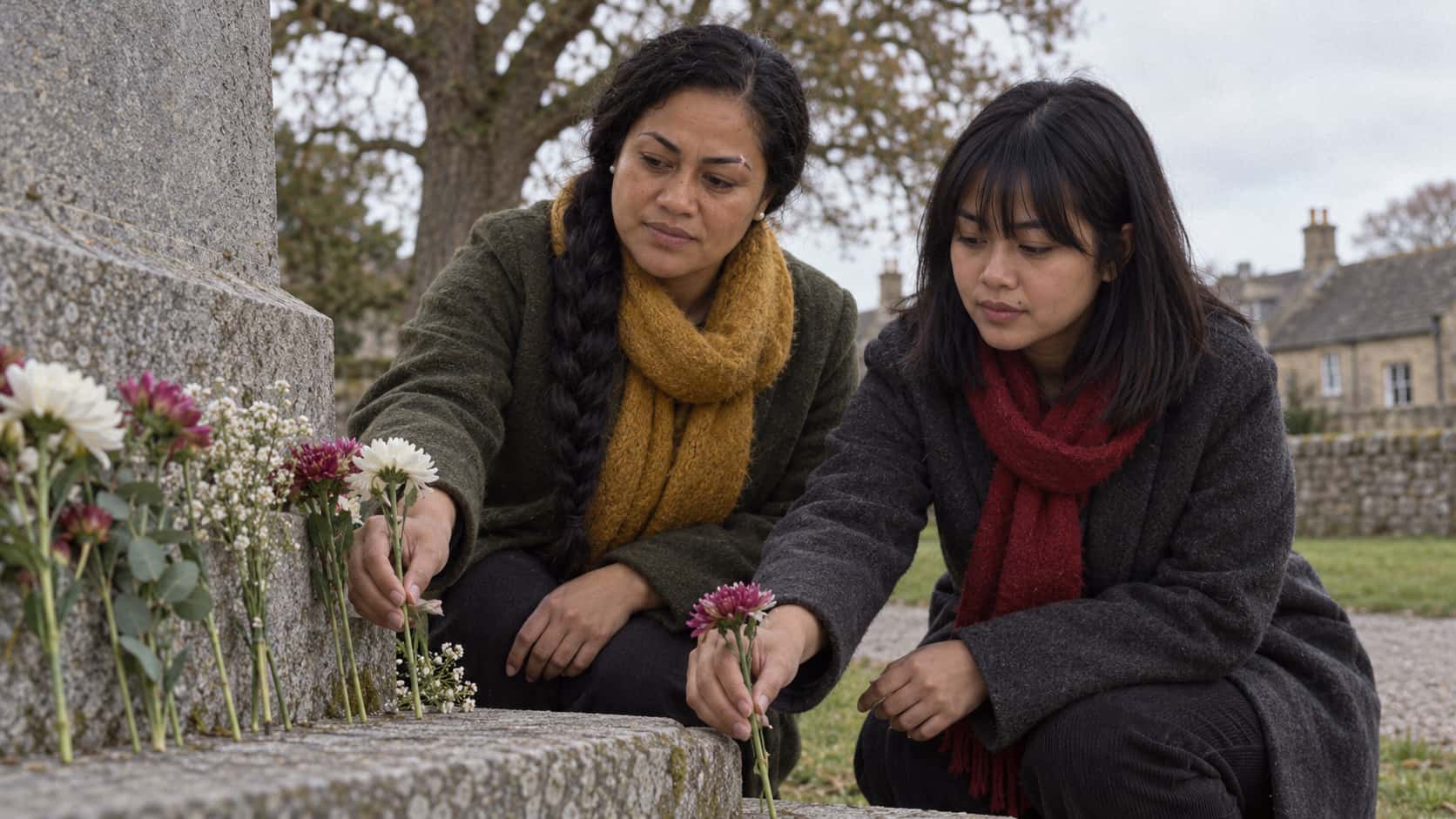 A woman with a long braid in a dark green coat and a woman with a fringe in a charcoal coat and red scarf crouch at the base of a stone memorial each placing a single flower stem against the plinth in diffuse light.