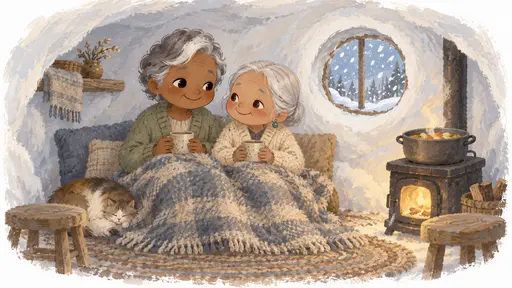 A petite older woman with short silver-grey hair and a green cardigan and a very small elderly woman with a silver bun and a cream cardigan sit side by side on little stools sharing a thick blanket and a pot of soup on a tiny stove inside a snug round room carved from a swirling snowdrift with snow drifting past the window.