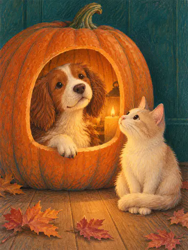 A brown-and-white dog pushes its head and one paw through the arch of a glowing pumpkin-shaped window while a cream cat sits in front, looking up at it; candlelight from inside lights both faces against a teal wall. Two pets halloween portrait in colored pencil and gouache.