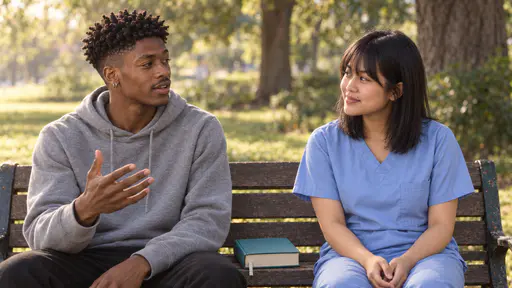 A tall young man with a twist-out and a petite woman with a full fringe in pale blue scrubs sit on a park bench talking, his open palm raised mid-gesture, a closed thick teal cloth-bound book on the bench between them.