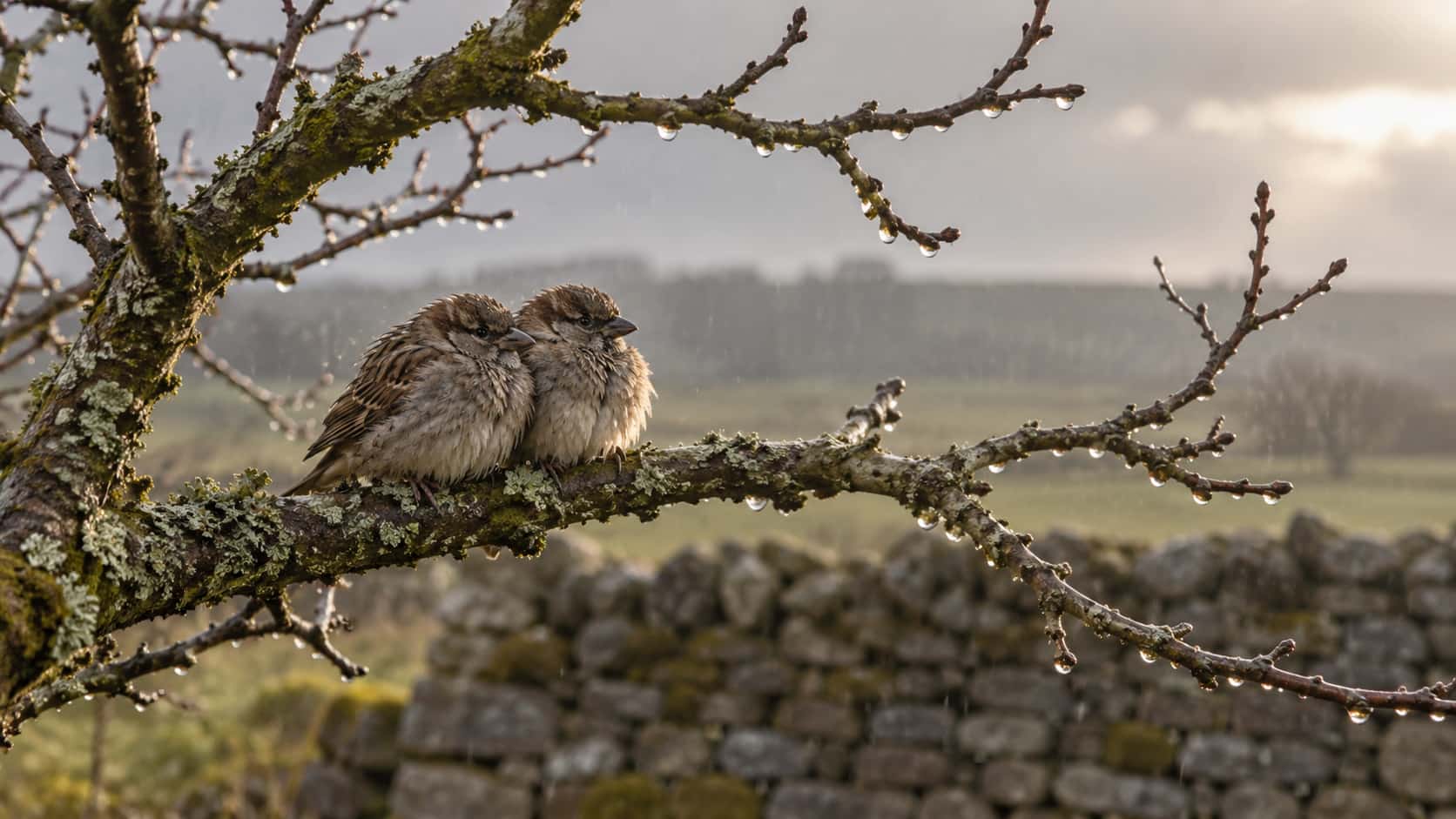 Two small brown sparrows sit pressed close together on a wet bare lichen-covered branch with heads tucked low and fluffed feathers beneath a small bend in the branch in light drizzle.