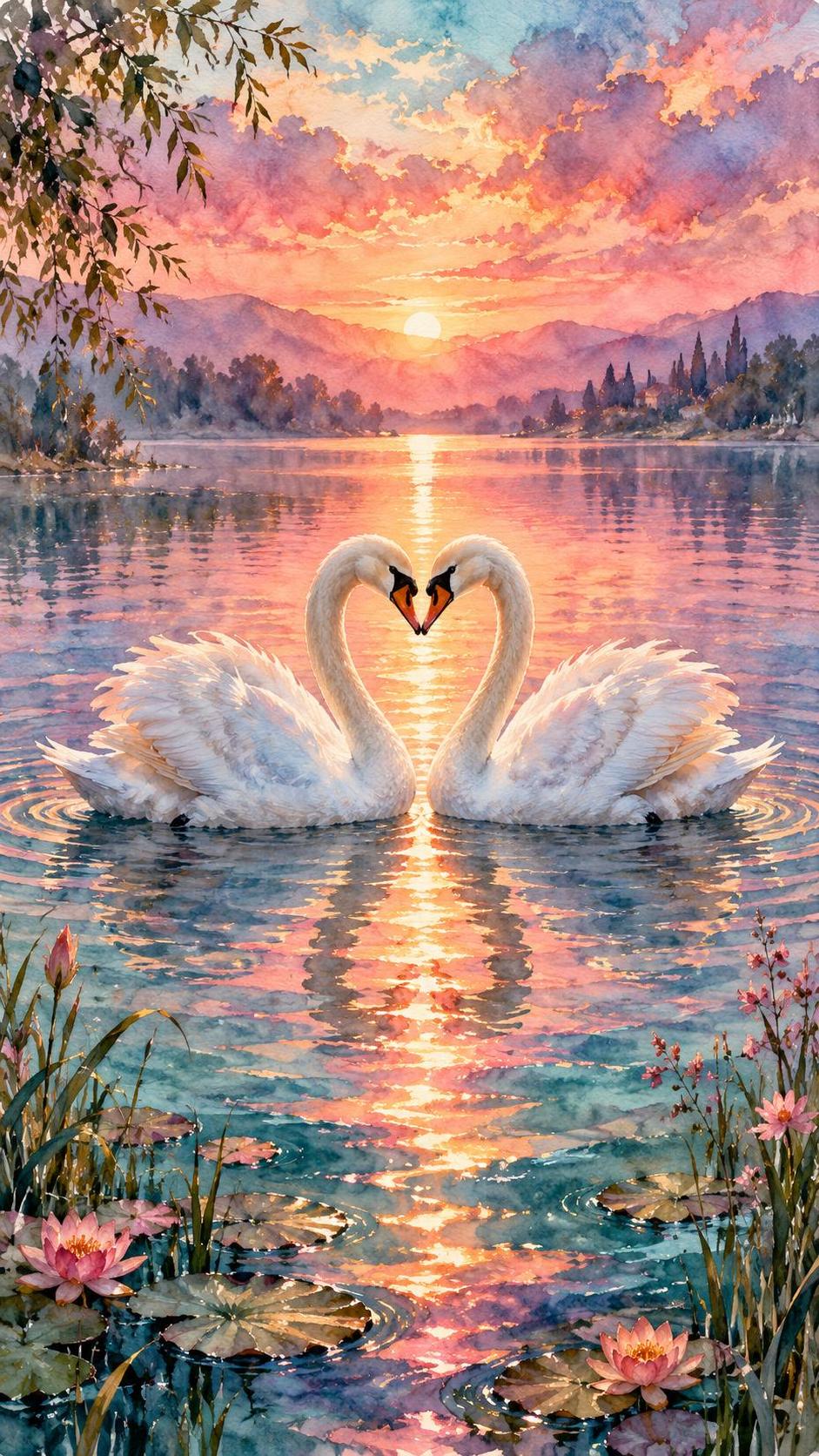 Two white swans float on a calm lake at dusk with their curved necks forming a heart shape between them and soft ripples spreading around.