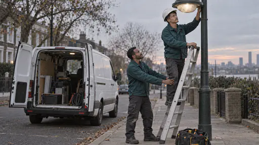 Two technicians in teal work jackets service a tall street lamp at dusk, one steadying a folding ladder with both hands and one on its lower rungs with a hand on the pole beside an open white service van and a toolbag.