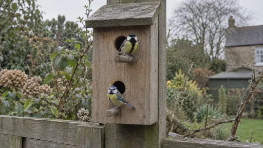 A wooden nest box on a garden fence post has two entrance holes at different heights and two separate perches with a small blue tit on the lower perch and a second small tit on the upper perch each fully visible in soft diffuse light.