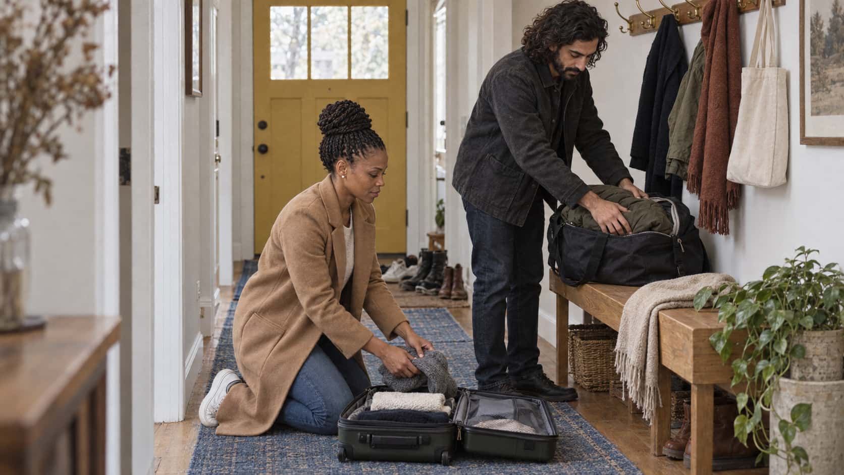 A tall woman with twists in a camel coat kneels folding a jumper into an open suitcase on a blue hallway runner while a bearded man in a charcoal jacket packs a rolled coat into a bag on an oak bench.