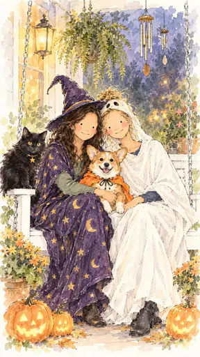 Two women dressed as a witch and a ghost sit on a porch swing with a corgi in a pumpkin cape and a black cat in a star collar among glowing jack o lanterns.