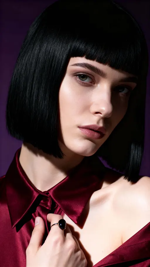 Close-up studio portrait of a 22-year-old Ukrainian woman with alabaster skin and a sharp black bob, turned to reveal a diagonal shoulder line while wearing a crimson satin blouse against an inky violet background.
