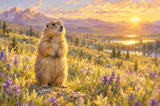 An upright gopher in a golden backlit field with purple flowers.