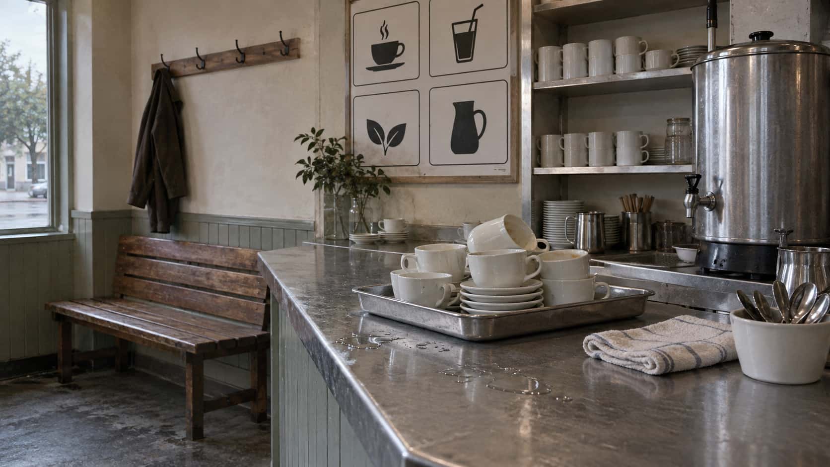 A clearing tray stacked with used white cups sits on a zinc counter beside a folded cloth and a small bowl of spoons after the rush in low afternoon light with a filter tank and shelves behind.