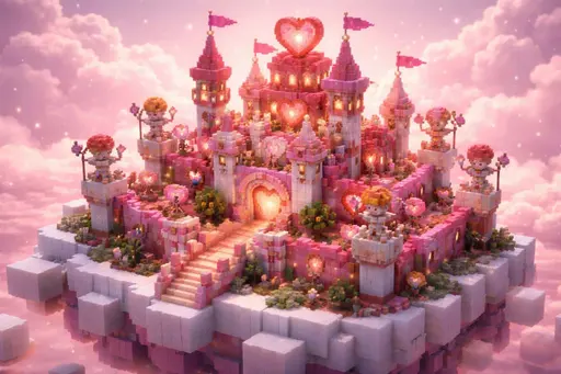 A whimsical high-detail 3:2 voxel scene of a Valentine's Castle on a floating sugar-cube island, with blocky cupid guards bearing heart-tipped spears in a soft pink atmosphere.