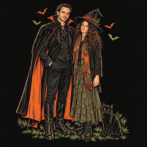 A tall vampire count in a high collared cape and a witch in a pointed hat stand together with a black cat at her feet and a few bats above on a plain black ground.