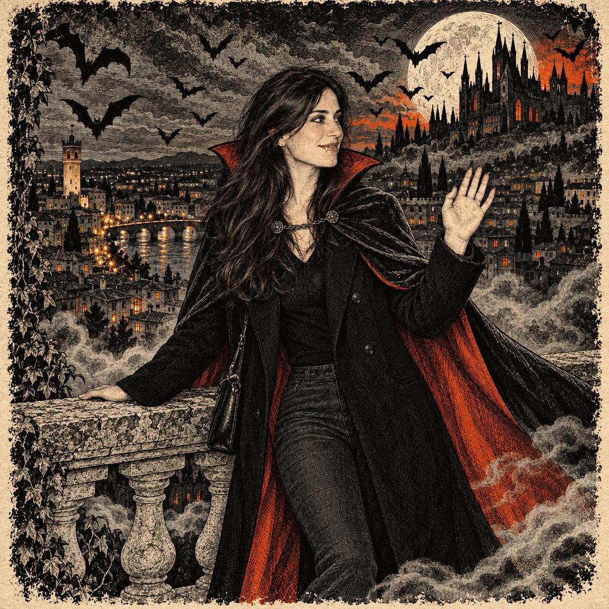 A vampire woman with long dark hair and a crimson lined cape stands on a stone balcony at night as bats swirl around her under a full moon and a distant castle.