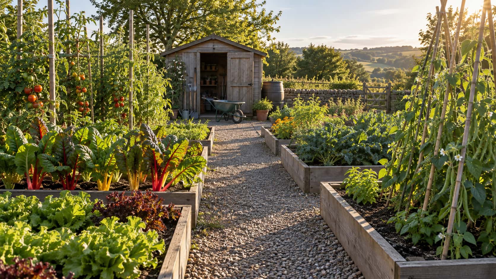 A tidy vegetable garden of raised wooden beds with lettuce, chard, tomatoes and bean poles and a potting shed at the end of a gravel path in warm late sun.
