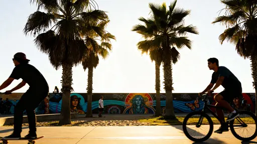 Skaters and cyclists glide along Venice Beach boardwalk beneath swaying palms and vivid murals, bright midday sun, natural reflections, and lively travel energy.