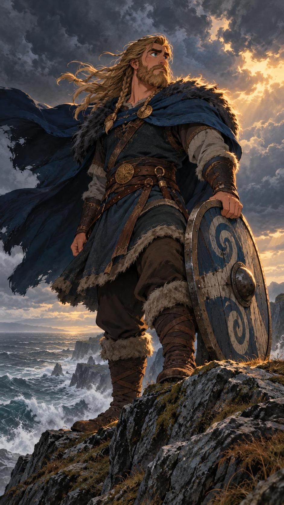 A braided viking warrior with a round shield and heavy cloak stands on a storm swept sea cliff above a grey sea in a retro hand drawn animated film still.