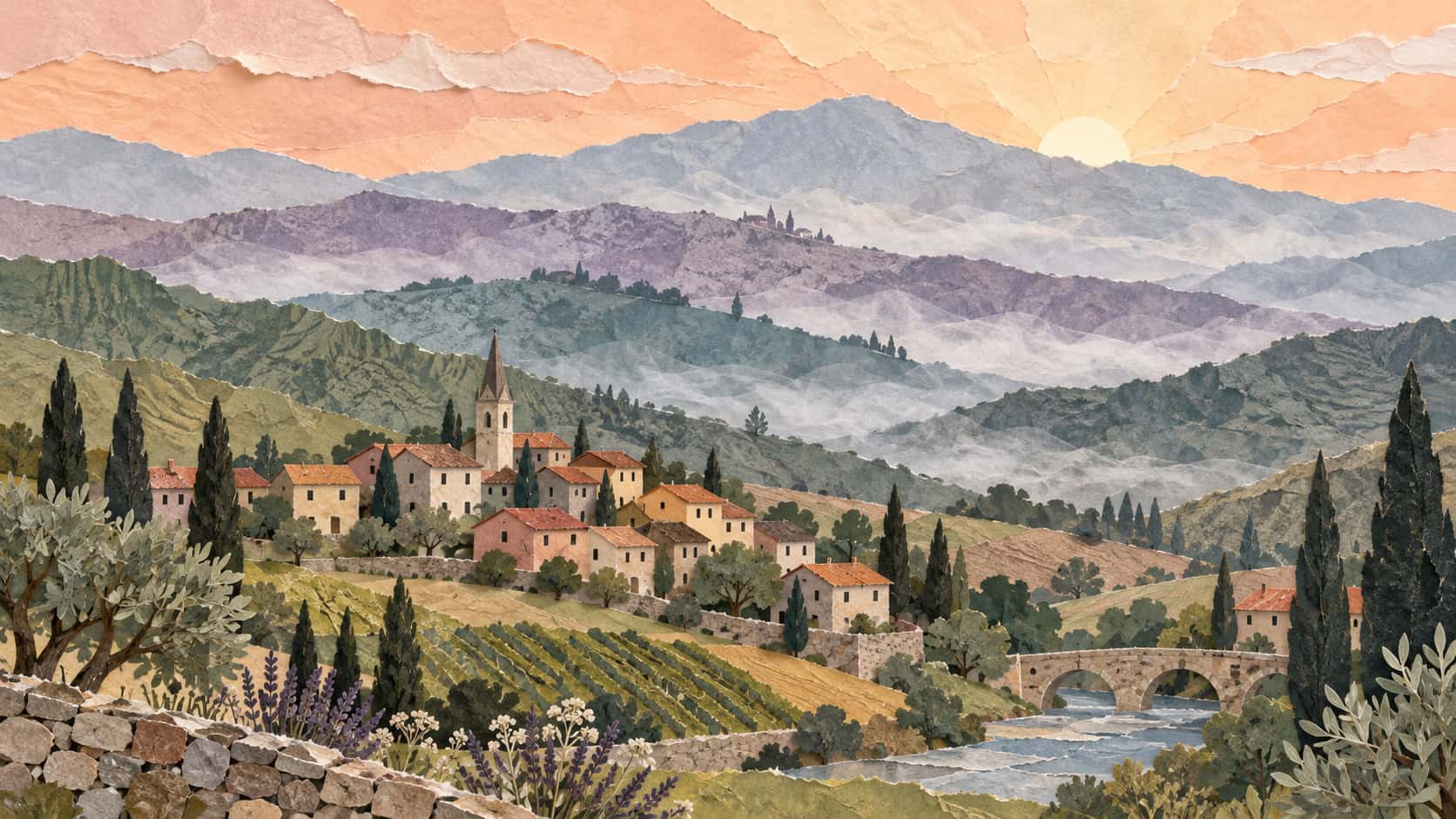 A small village with a church spire sits at the foot of four layered misty hill ridges in torn green, lavender and grey paper under a peach dawn sky.