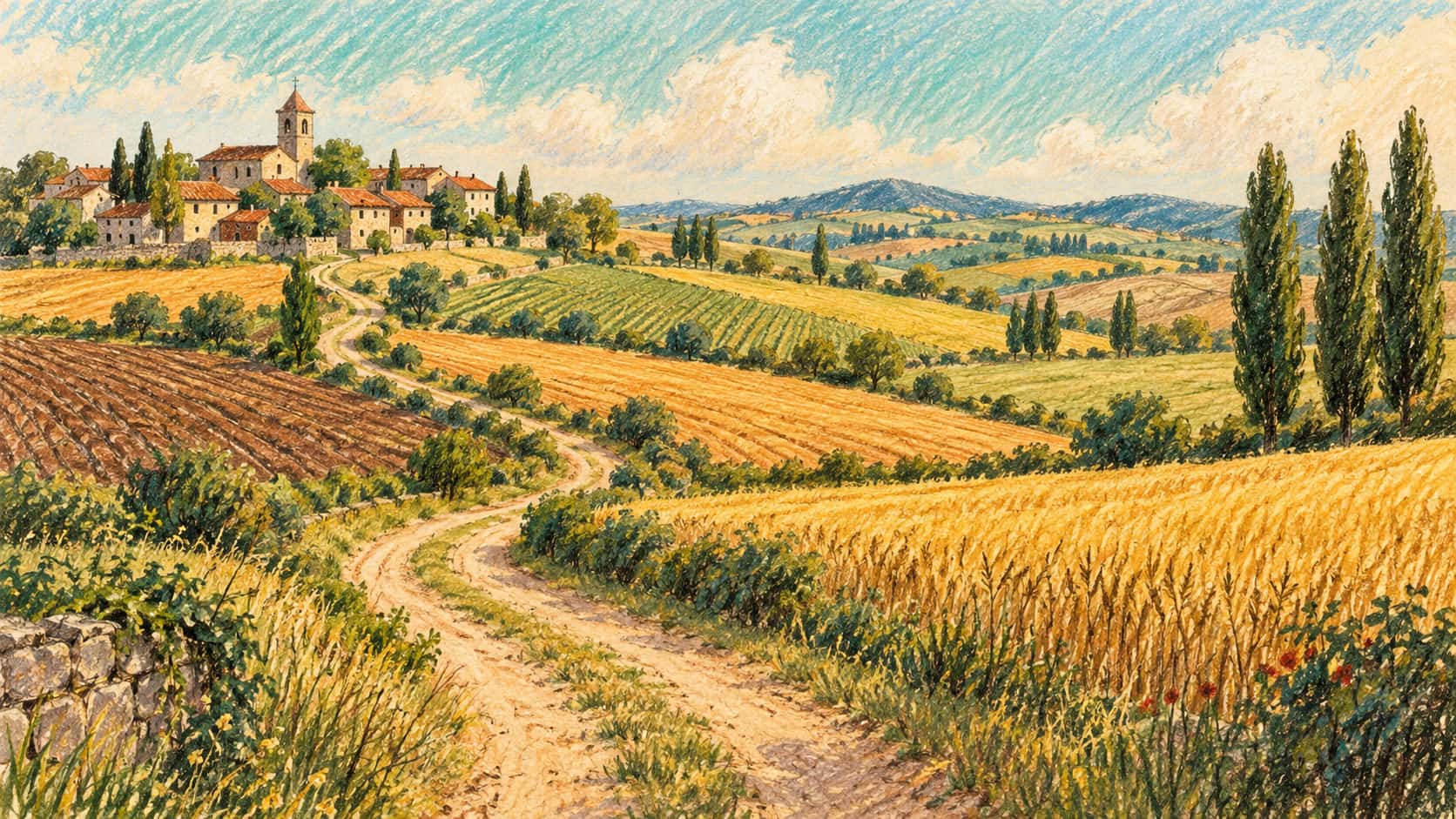 A village of red-roofed houses and a small church sits beside patchwork wheat and ploughed fields with a winding farm track in coloured pencil and crayon.
