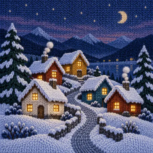 Five small knitted village cottages in cream, rust, mustard and teal with snowy roofs and lit yellow windows stand on a snowy slope at blue dusk.