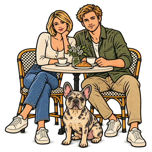 Bold-outline vintage flash illustration of a couple and a French bulldog at a café table, cut out on a transparent background
