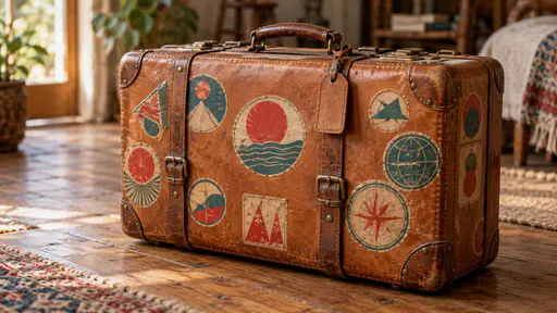 A vintage suitcase covered with colorful travel stickers.