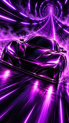 A sleek glossy sports car races at speed through a dark tunnel of light with long directional motion streaks of one saturated violet hue and luminous edge highlights on its bodywork.
