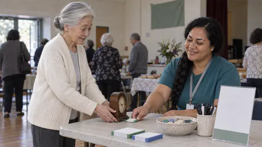 A very small elderly woman with silver-white hair in a low bun and a cream cardigan places a small old wooden clock on a registration table in front of a Samoan woman with a long black braid in a teal shirt who slips a plain blank colour-banded ticket under its base with a welcoming smile.