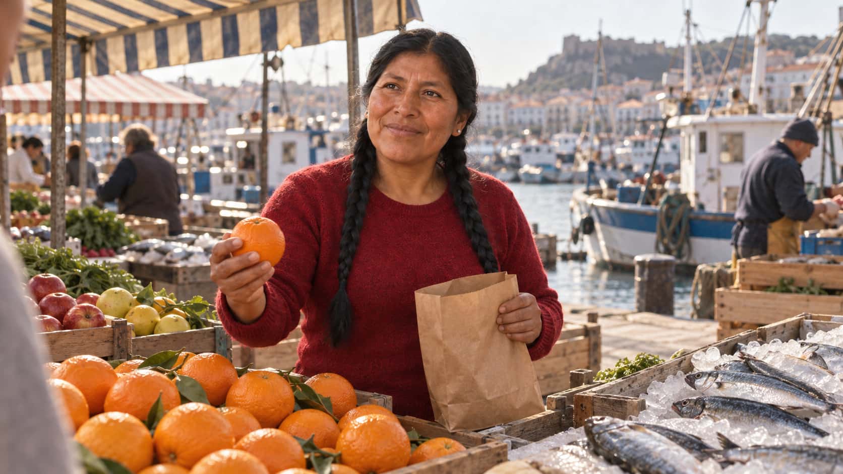 A sturdy woman with two long black braids in a deep red wool sweater lifts an orange from a harbour market stall of fruit and silver fish on ice with a paper bag in her other hand, plain striped awnings and harbour boats behind her in warm light.