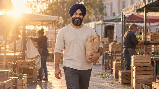 A sturdy man with a full black beard and a plain navy turban carries a paper bag of bread past market traders stacking empty wooden crates and folding awnings at closing time, strong low sun laying a golden veil across the scene.