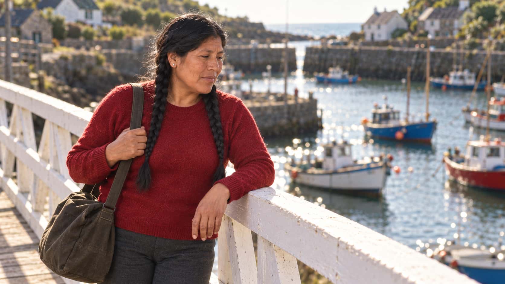 A sturdy woman with two long black braids in a deep red wool sweater pauses on a white footbridge over a harbour inlet with a forearm on the rail, looking down at colourful boats on glittering water in clear light.