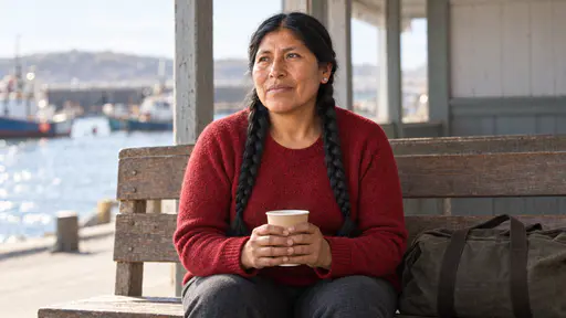 A sturdy woman with two long black braids in a deep red wool sweater sits on a wooden bench in an open-sided harbour waiting shelter holding a paper cup of tea in both hands, her holdall beside her, watching boats on glinting water in soft daylight.