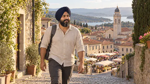 A sturdy man with a full black beard and a plain navy turban in an oatmeal linen shirt walks down a curving cobbled hill road with a small grey rucksack on one shoulder toward red roofs, a pale church tower and striped market awnings in a town square below.